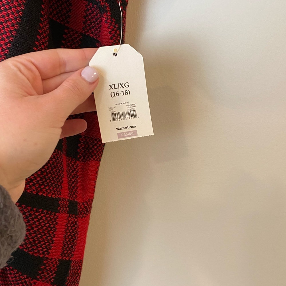 NWT Faded Glory Red and Black Buffalo Plaid Open Poncho Sweater - Picture 7 of 12